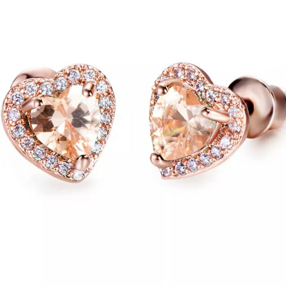 Rose Gold Heart Morganite Diamond Halo Earrings - Picture 2 of 2